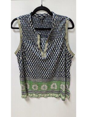 Lucky Brand Navy and Green Sleeveless Printed Blouse